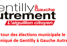 Second tour des élections municipale le 22 mars Communiqué de Gentilly à Gauche Autrement
